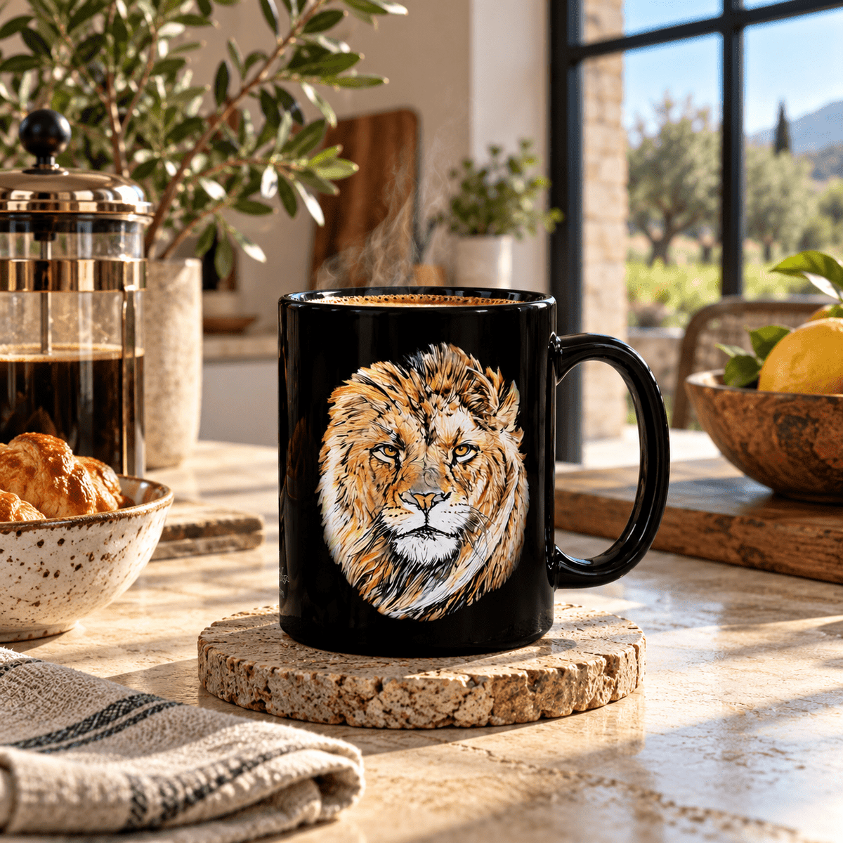 Lion 15oz Large Black Ceramic Mug - HD Printing