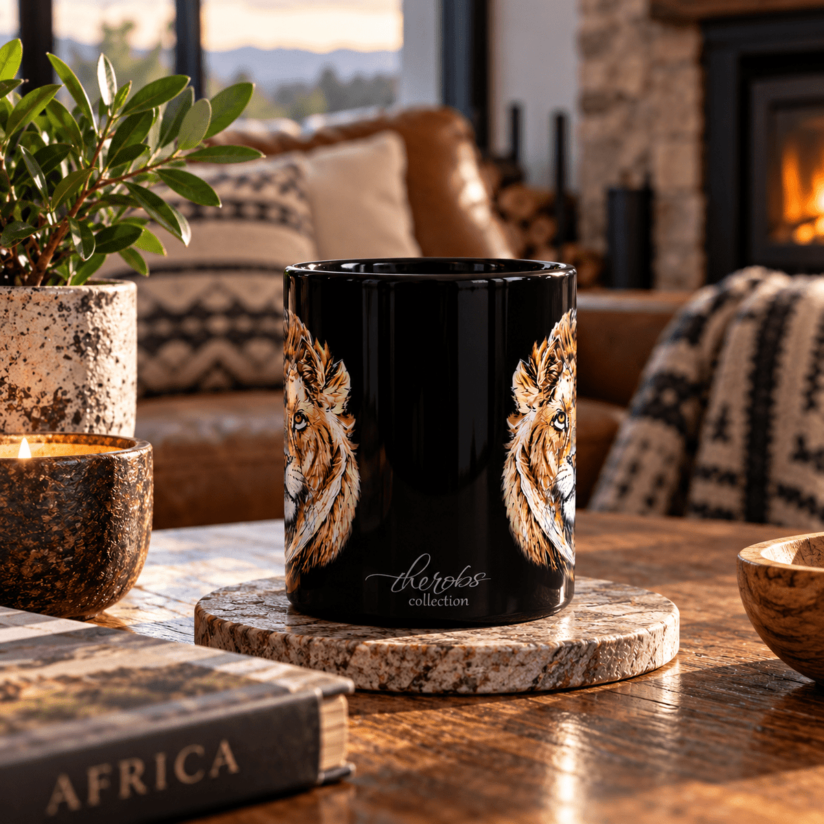 Lion 15oz Large Black Ceramic Mug - HD Printing