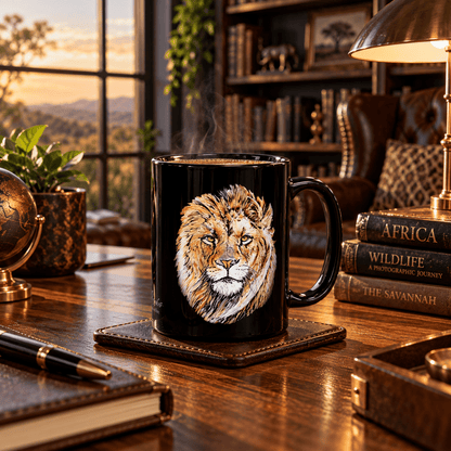 Lion 15oz Large Black Ceramic Mug - HD Printing