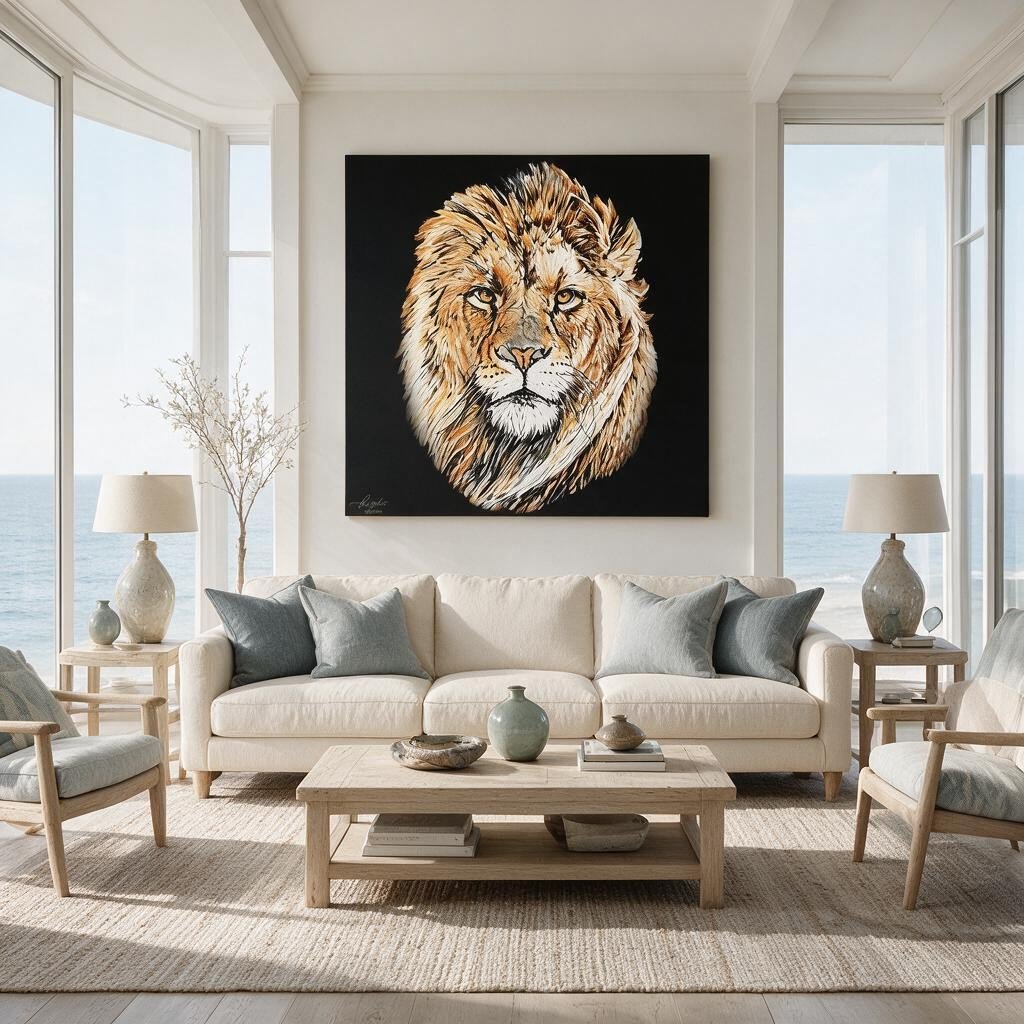 Lion Satin Stretched Black Canvas Print - HD Printing