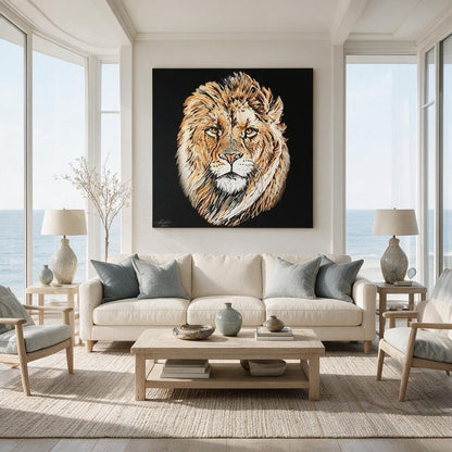 Lion Satin Stretched Black Canvas Print - HD Printing