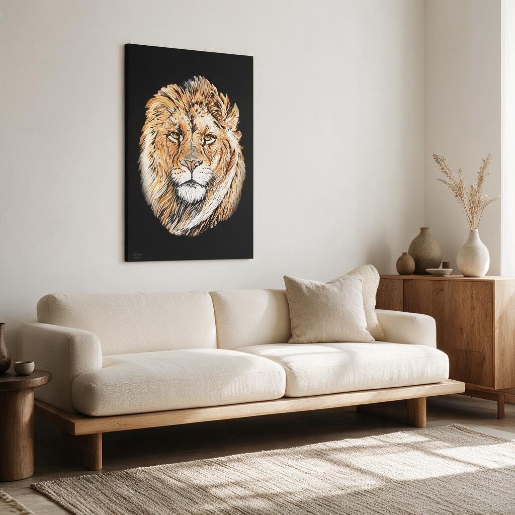 Lion Satin Stretched Black Canvas Print - HD Printing