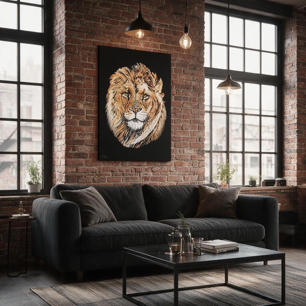 Lion Satin Stretched Black Canvas Print - HD Printing