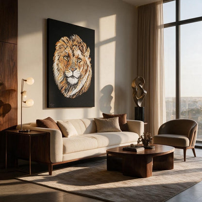 Lion Satin Stretched Black Canvas Print - HD Printing
