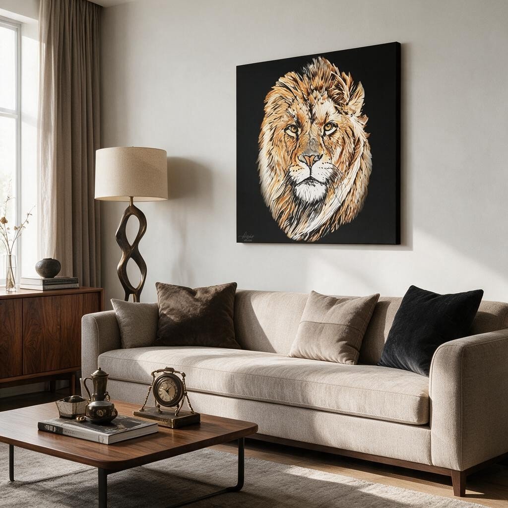 Lion Satin Stretched Black Canvas Print - HD Printing