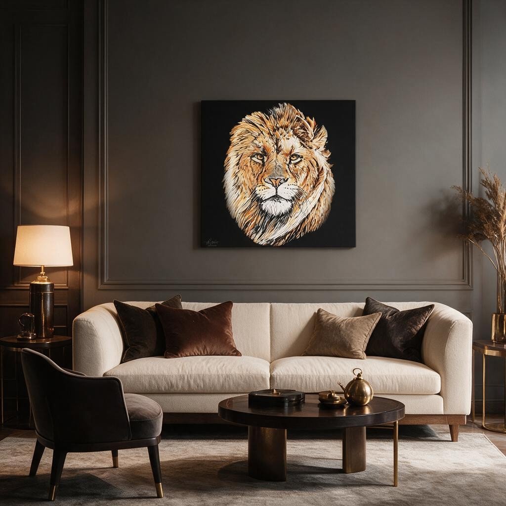 Lion Satin Stretched Black Canvas Print - HD Printing