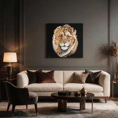 Lion Satin Stretched Black Canvas Print - HD Printing