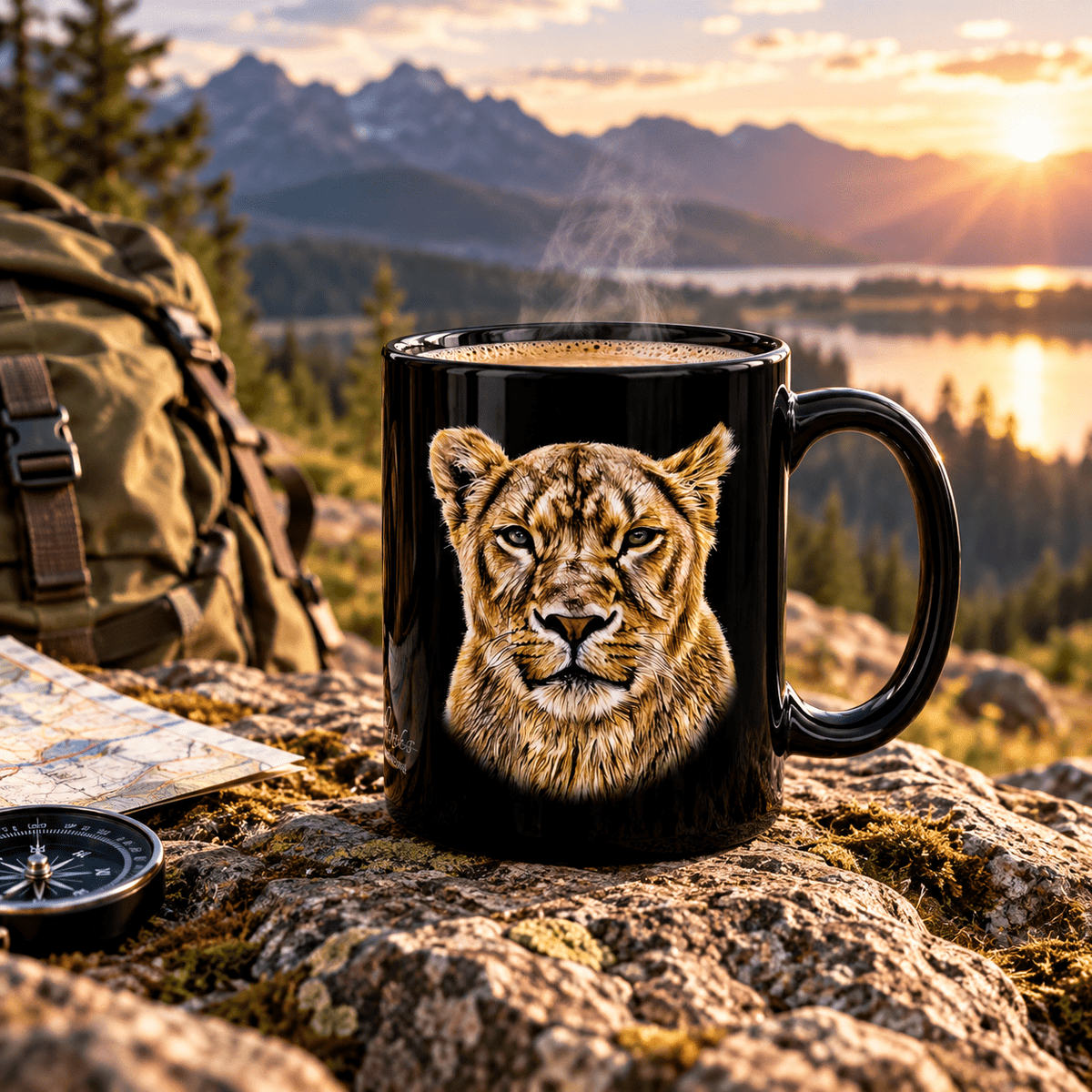 Lioness 15oz Large Black Ceramic Mug - HD Printing