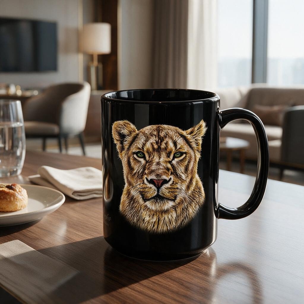 Lioness 15oz Large Black Ceramic Mug - HD Printing