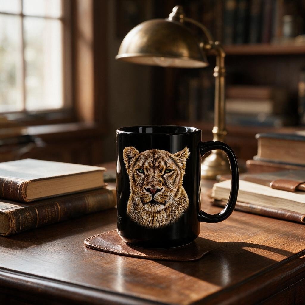 Lioness 15oz Large Black Ceramic Mug - HD Printing