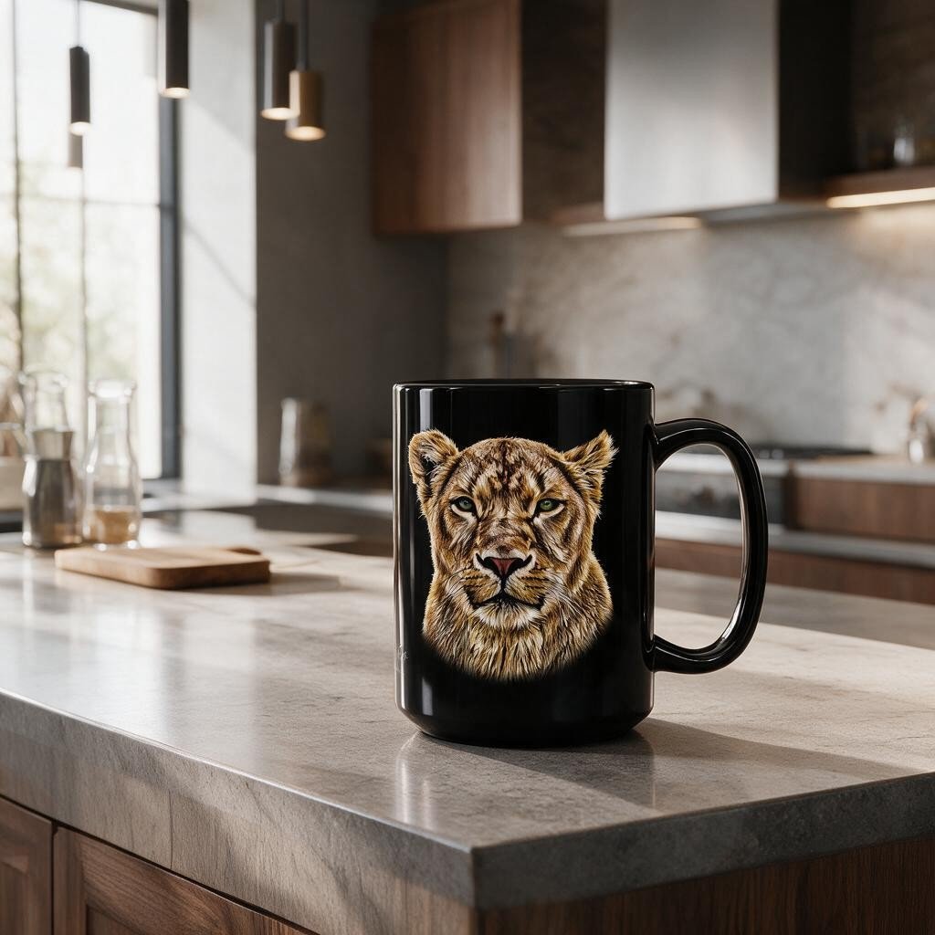 Lioness 15oz Large Black Ceramic Mug - HD Printing