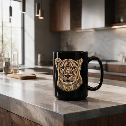 Lioness 15oz Large Black Ceramic Mug - HD Printing