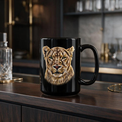 Lioness 15oz Large Black Ceramic Mug - HD Printing