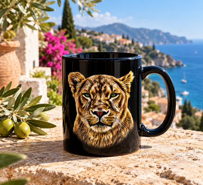 Lioness 15oz Large Black Ceramic Mug - HD Printing
