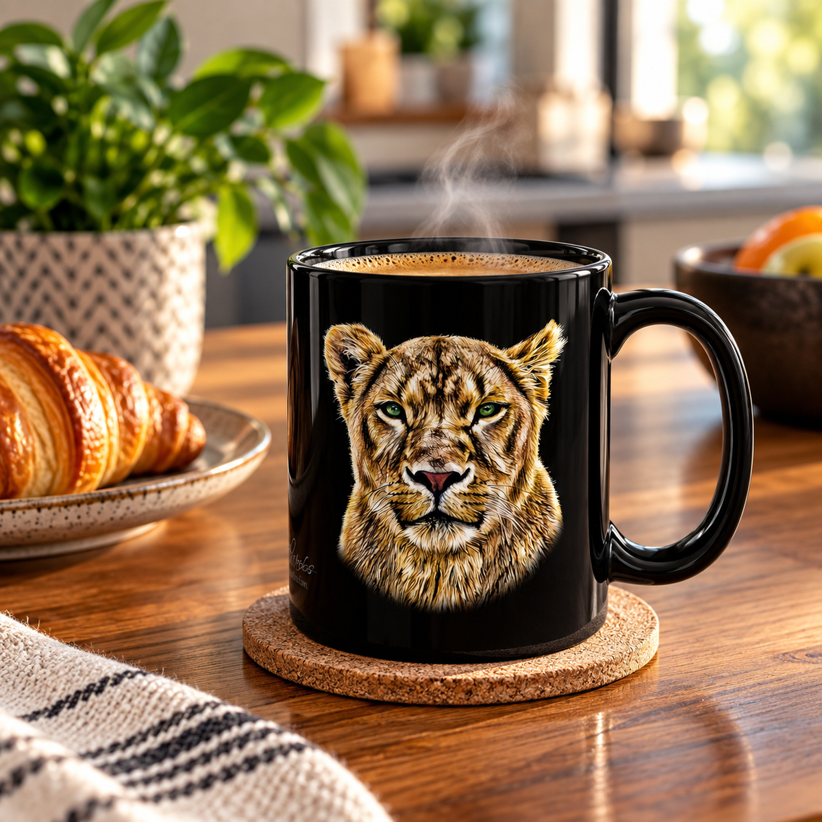 Lioness 15oz Large Black Ceramic Mug - HD Printing