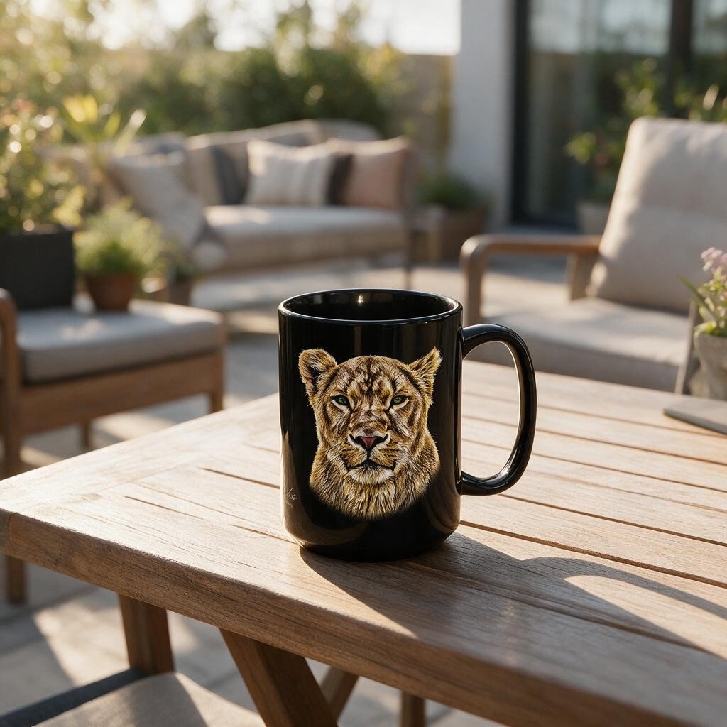 Lioness 15oz Large Black Ceramic Mug - HD Printing