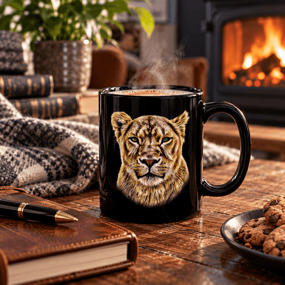 Lioness 15oz Large Black Ceramic Mug - HD Printing