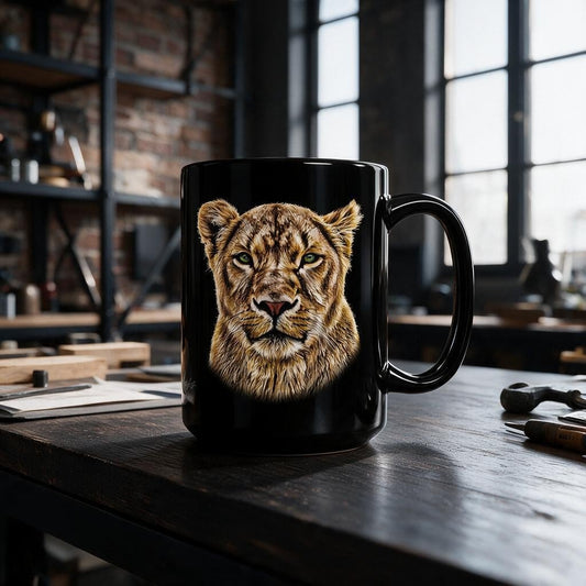 Lioness 15oz Large Black Ceramic Mug - HD Printing