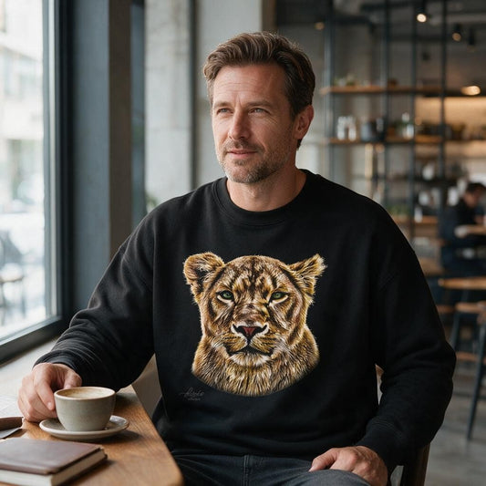 A man sitting at a table in a cafe wearing a black crewneck sweatshirt with a large, detailed graphic of a lion's face on the front. He is holding a cup of coffee.