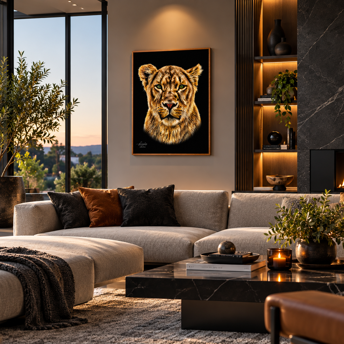 A framed lion portrait painting hangs on a wall in a modern living room with a beige sectional sofa, black coffee table, plants, and a fireplace.