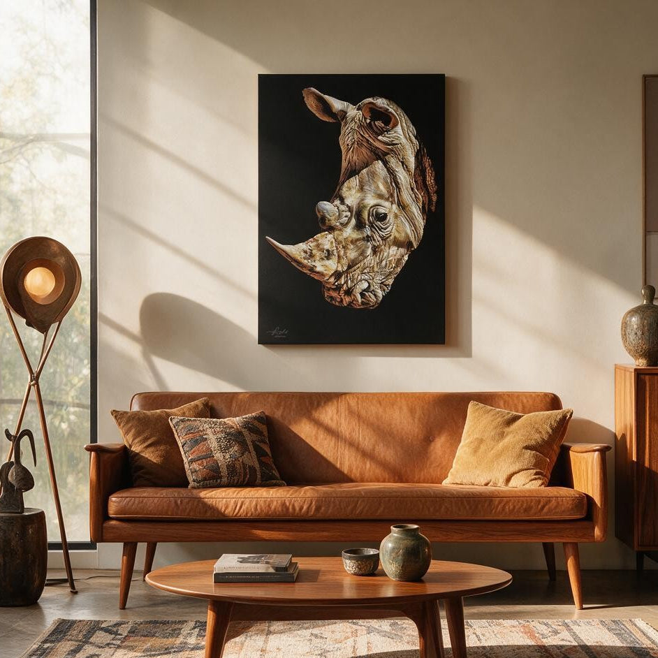 A mid-century modern living room featuring a warm brown leather sofa, a wooden coffee table, and a large black canvas wall art print depicting a detailed rhinoceros head, hung on the wall above the couch.